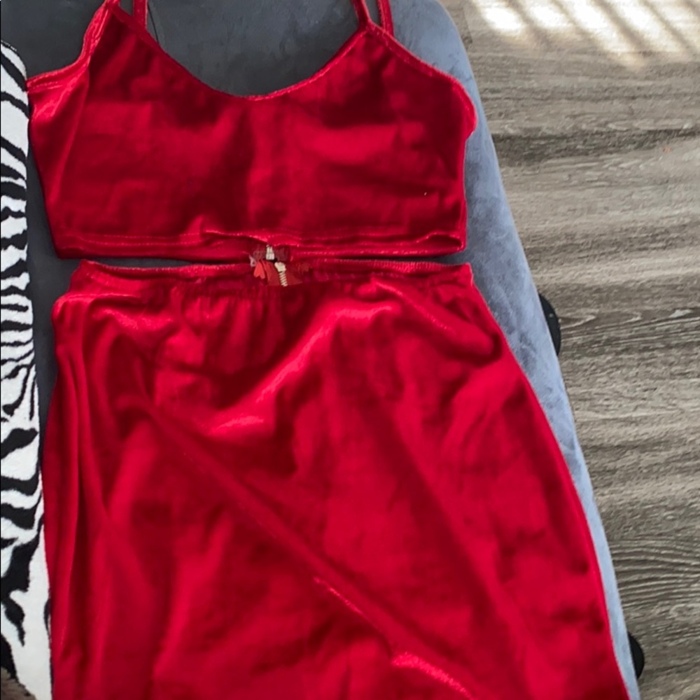 Red velvet 2 piece crop top and skirt set